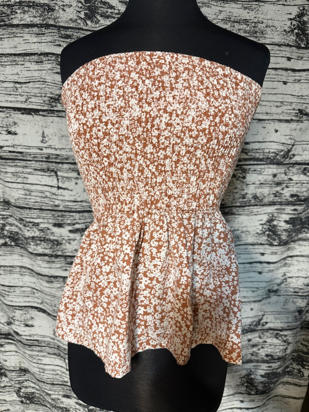 Strapless Smocked Peplum Tank Top - Brown Floral